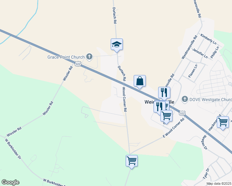 map of restaurants, bars, coffee shops, grocery stores, and more near 40 Wood Corner Road in Lititz