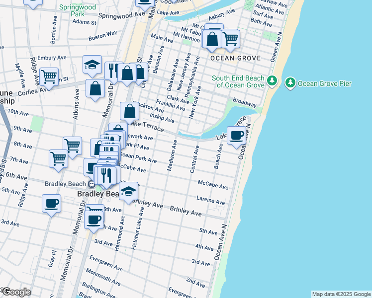 map of restaurants, bars, coffee shops, grocery stores, and more near 315 Newark Avenue in Bradley Beach