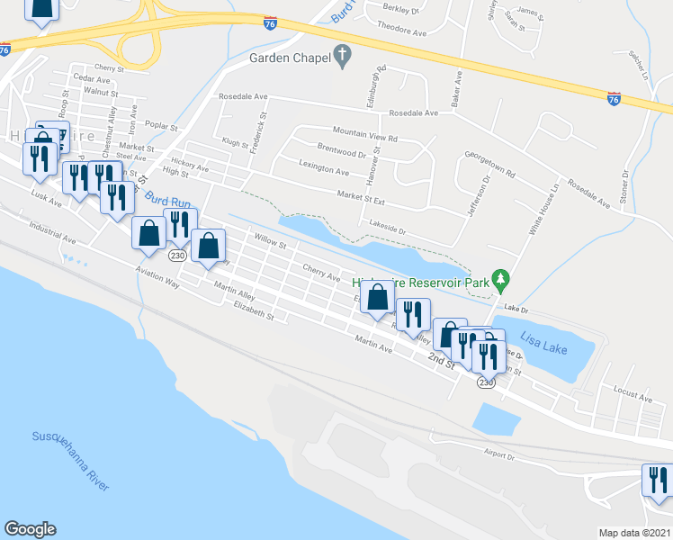 map of restaurants, bars, coffee shops, grocery stores, and more near 200 Hanover Street in Highspire