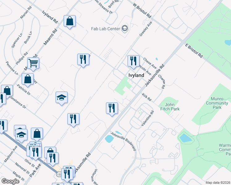 map of restaurants, bars, coffee shops, grocery stores, and more near 991 Pennsylvania Avenue in Ivyland