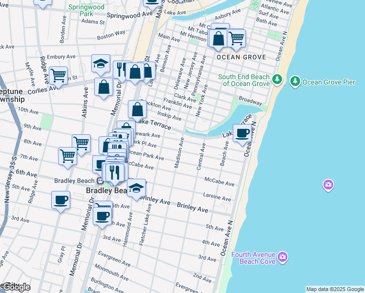 map of restaurants, bars, coffee shops, grocery stores, and more near 1006 Madison Avenue in Bradley Beach