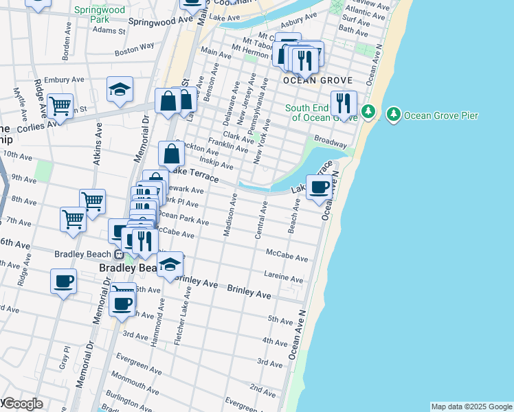 map of restaurants, bars, coffee shops, grocery stores, and more near 1001 Central Avenue in Bradley Beach