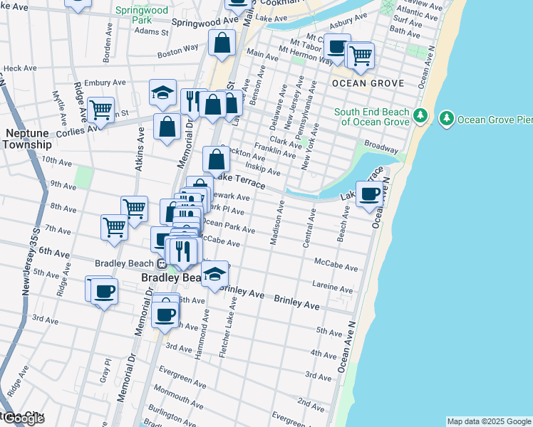 map of restaurants, bars, coffee shops, grocery stores, and more near 412 Park Place Avenue in Bradley Beach