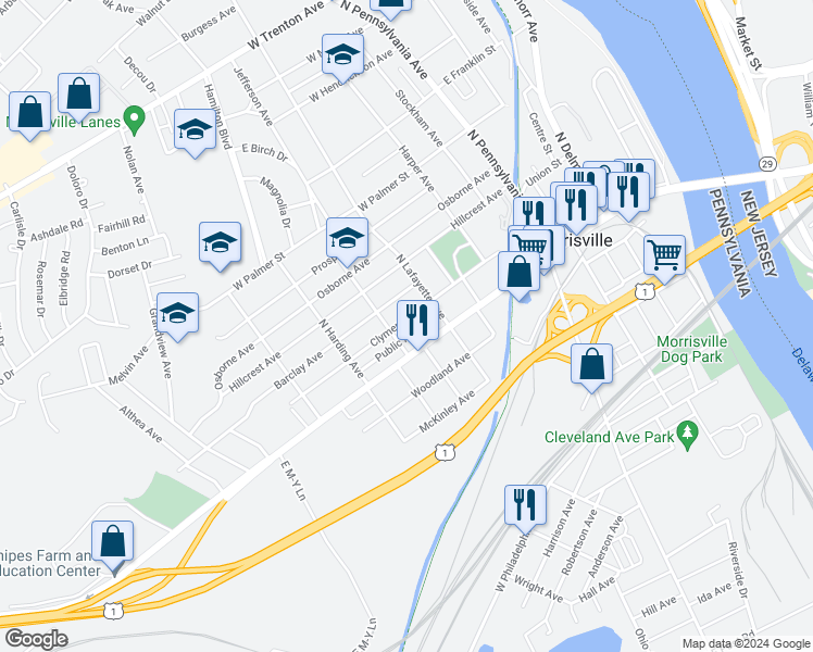map of restaurants, bars, coffee shops, grocery stores, and more near 311 Clymer Avenue in Morrisville