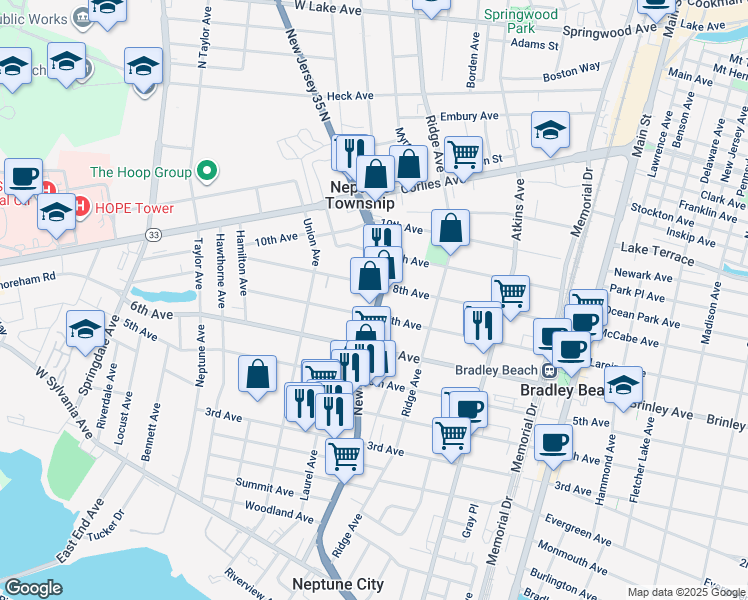 map of restaurants, bars, coffee shops, grocery stores, and more near 505 New Jersey 35 in Neptune City