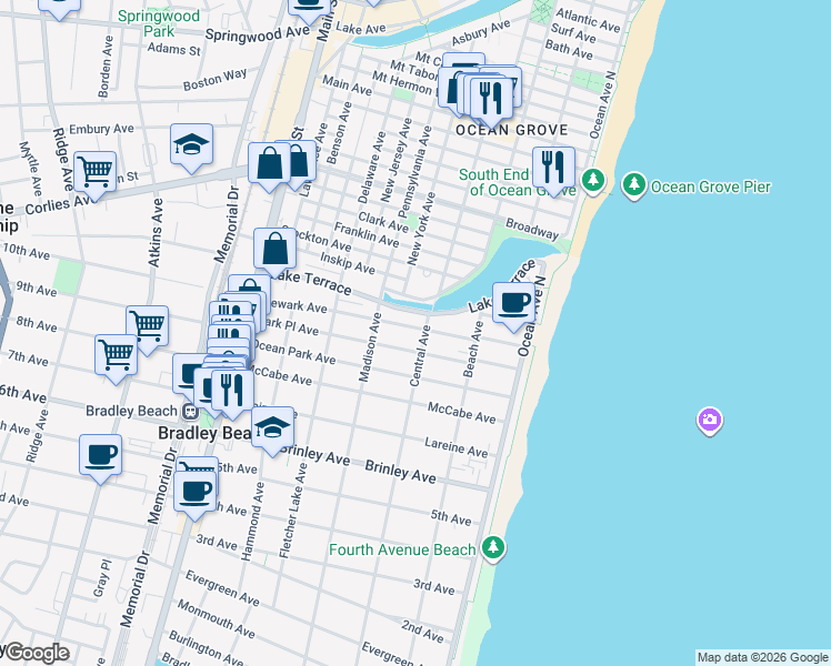 map of restaurants, bars, coffee shops, grocery stores, and more near 1001 Central Avenue in Bradley Beach