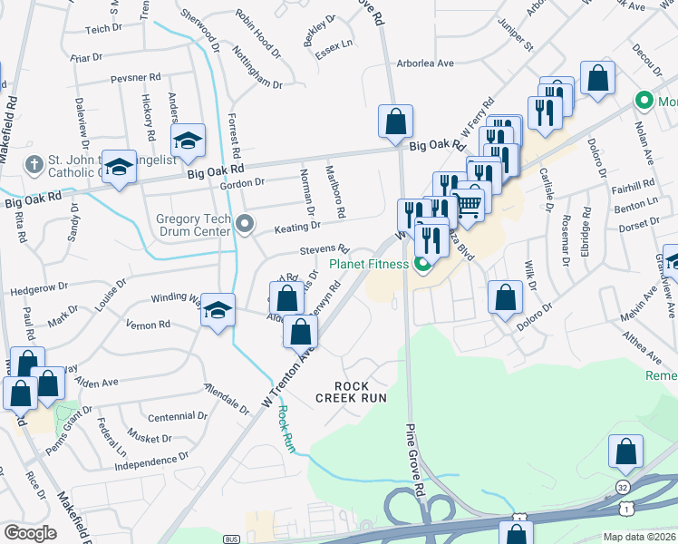 map of restaurants, bars, coffee shops, grocery stores, and more near 522 Berwyn Road in Morrisville