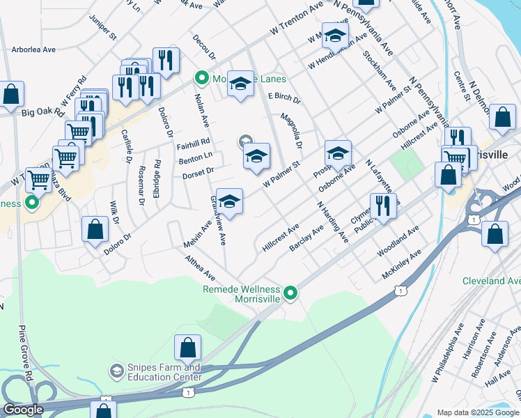 map of restaurants, bars, coffee shops, grocery stores, and more near 606 Prospect Avenue in Morrisville