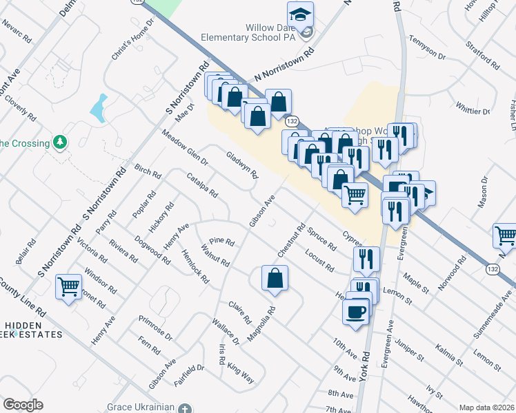 map of restaurants, bars, coffee shops, grocery stores, and more near in Bucks County