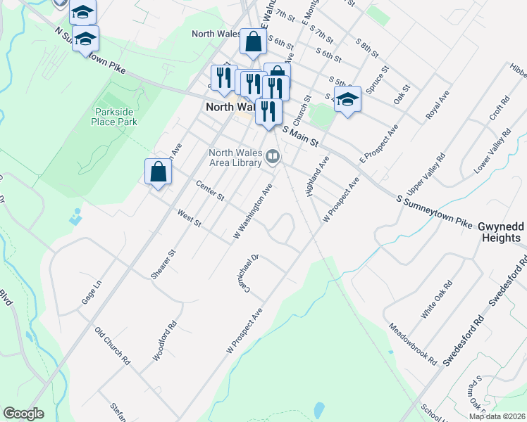 map of restaurants, bars, coffee shops, grocery stores, and more near 348 Windsor Way in North Wales