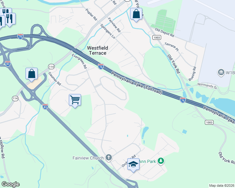 map of restaurants, bars, coffee shops, grocery stores, and more near 82 Pleasant View Terrace in New Cumberland