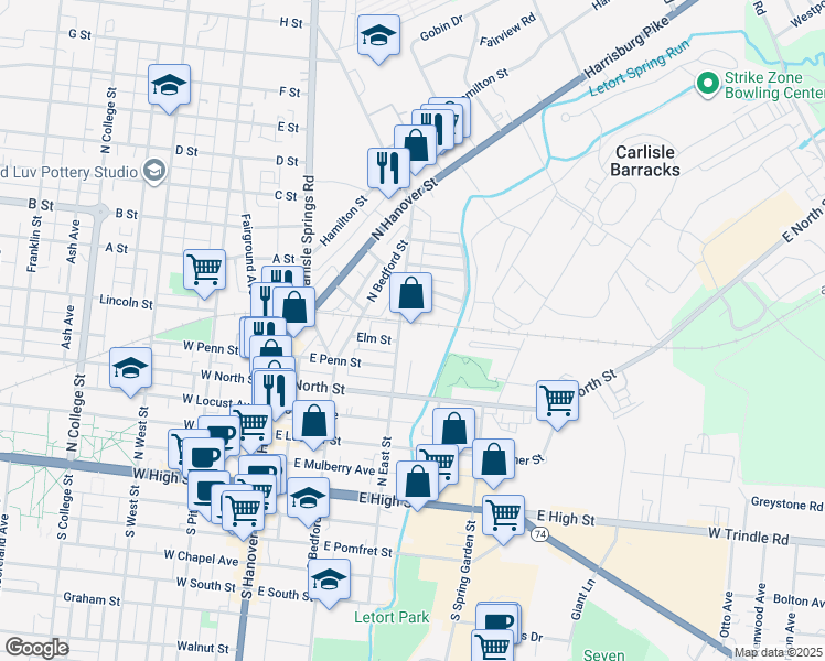 map of restaurants, bars, coffee shops, grocery stores, and more near 405 N East St in Carlisle
