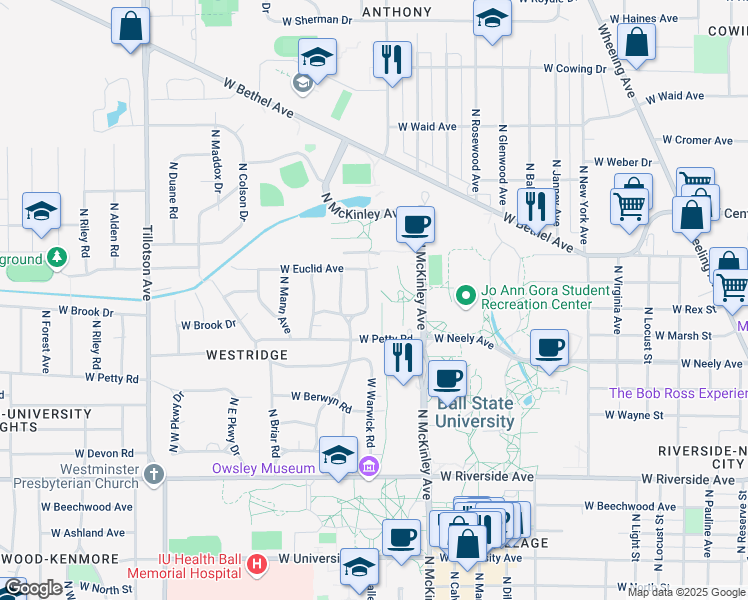 map of restaurants, bars, coffee shops, grocery stores, and more near 1408 North Woodridge Avenue in Muncie
