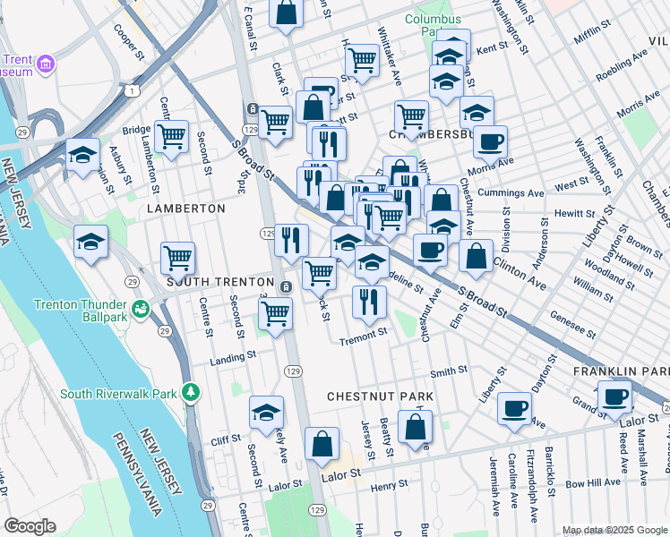 map of restaurants, bars, coffee shops, grocery stores, and more near 15 Grand Street in Trenton