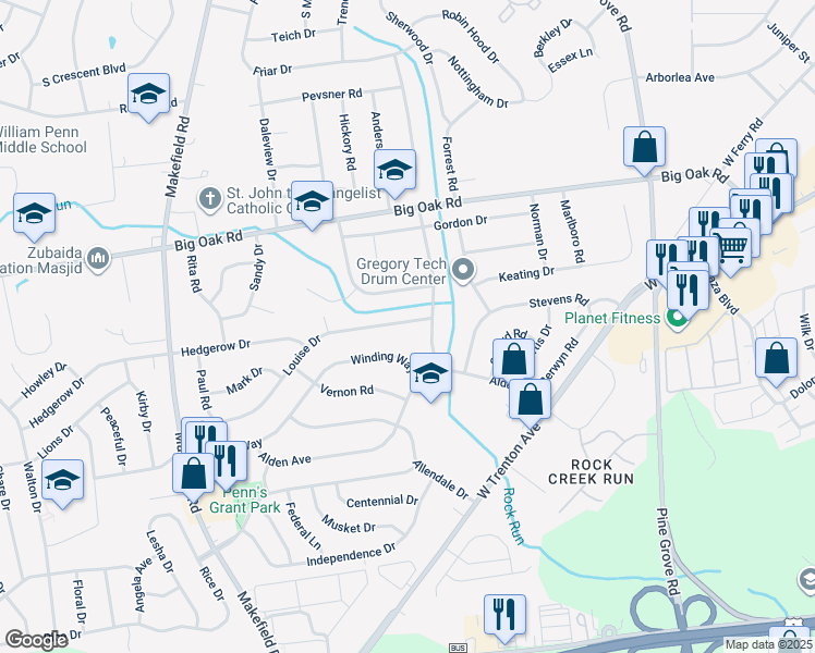 map of restaurants, bars, coffee shops, grocery stores, and more near 227 Louise Drive in Morrisville