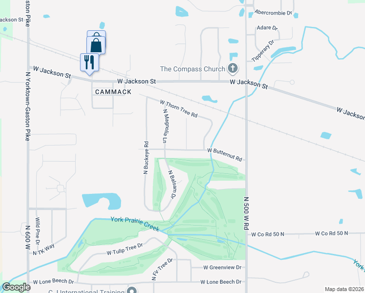 map of restaurants, bars, coffee shops, grocery stores, and more near 8500 West Butternut Road in Muncie