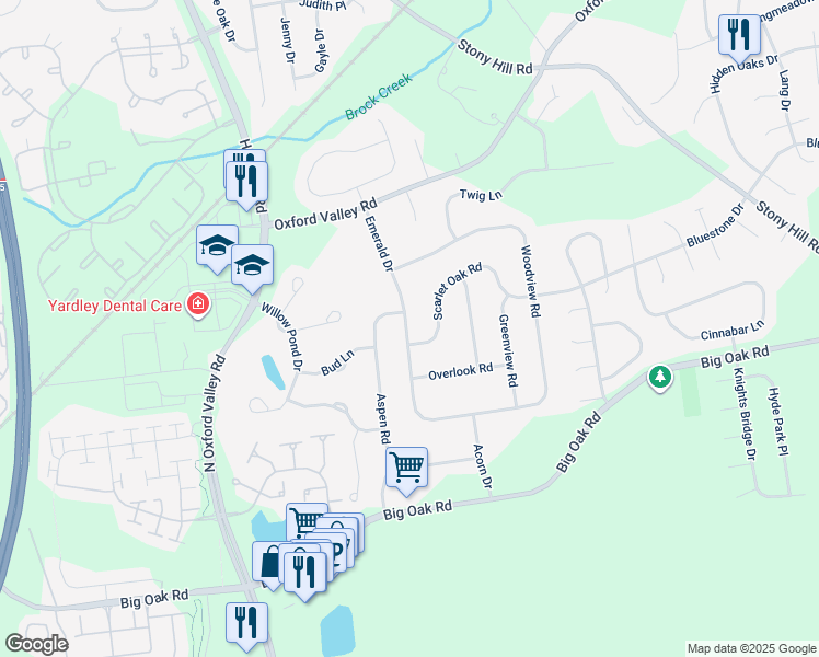 map of restaurants, bars, coffee shops, grocery stores, and more near 288 Emerald Drive in Yardley