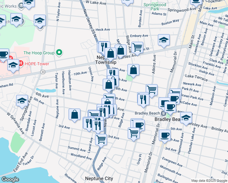 map of restaurants, bars, coffee shops, grocery stores, and more near 505 New Jersey 35 in Neptune City