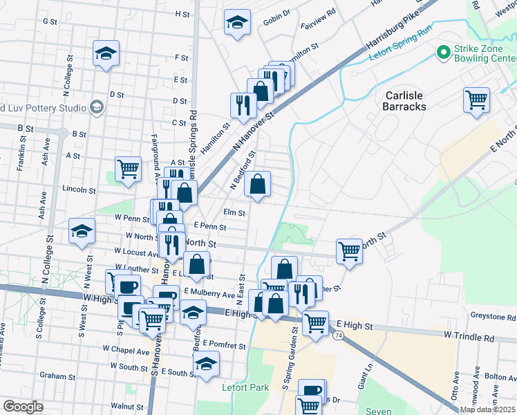 map of restaurants, bars, coffee shops, grocery stores, and more near 405 North East Street in Carlisle