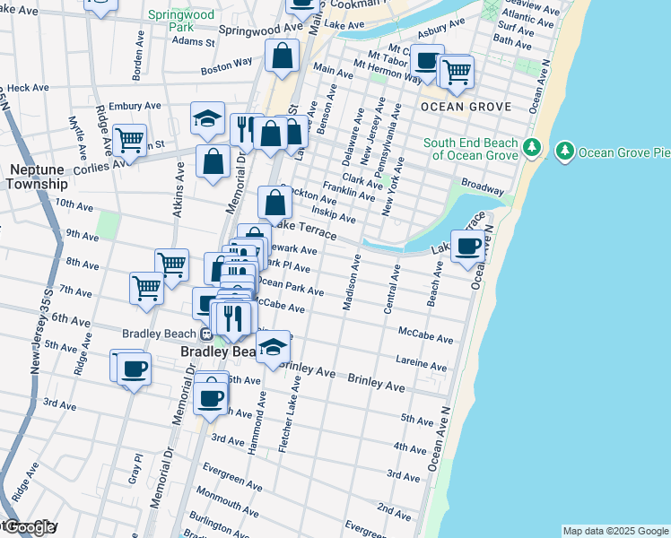 map of restaurants, bars, coffee shops, grocery stores, and more near 410 Park Place in Bradley Beach