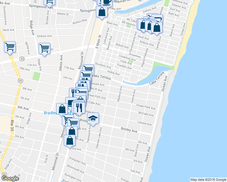 map of restaurants, bars, coffee shops, grocery stores, and more near 412 Park Place Avenue in Bradley Beach