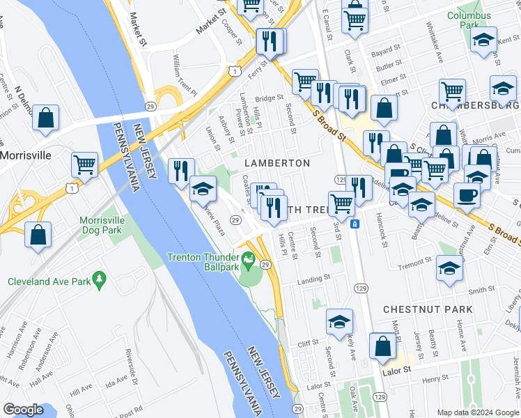 map of restaurants, bars, coffee shops, grocery stores, and more near 675 Lamberton Street in Trenton