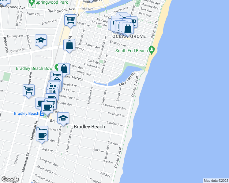 map of restaurants, bars, coffee shops, grocery stores, and more near 206 Newark Avenue in Bradley Beach