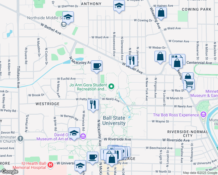 map of restaurants, bars, coffee shops, grocery stores, and more near 1700 West Neely Avenue in Muncie