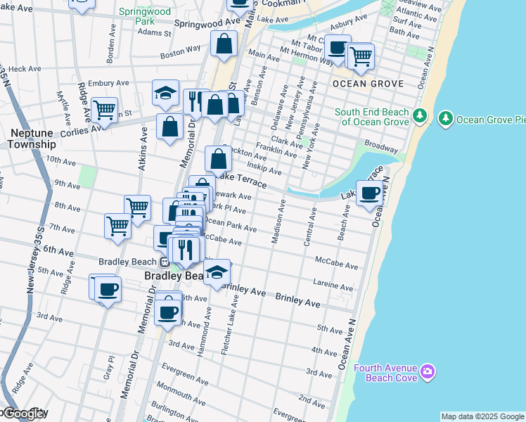 map of restaurants, bars, coffee shops, grocery stores, and more near 412 Park Place Avenue in Bradley Beach