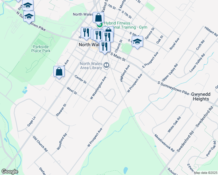 map of restaurants, bars, coffee shops, grocery stores, and more near 344 Windsor Way in North Wales