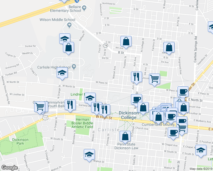 map of restaurants, bars, coffee shops, grocery stores, and more near 220 Cherry Street in Carlisle