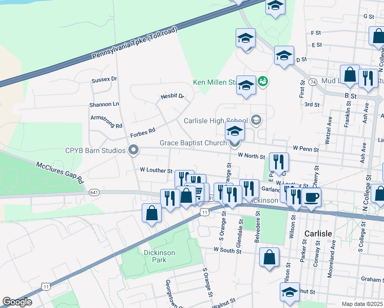 map of restaurants, bars, coffee shops, grocery stores, and more near 852 West North Street in Carlisle