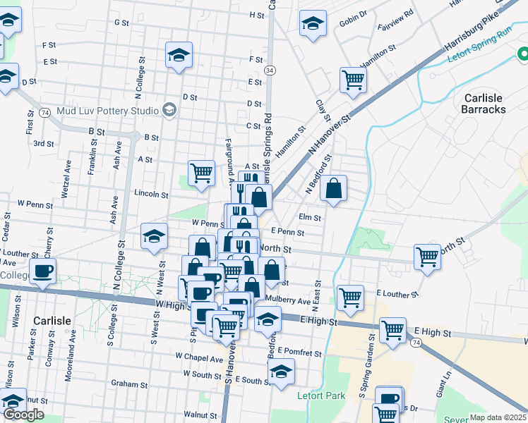 map of restaurants, bars, coffee shops, grocery stores, and more near 347 North Hanover Street in Carlisle