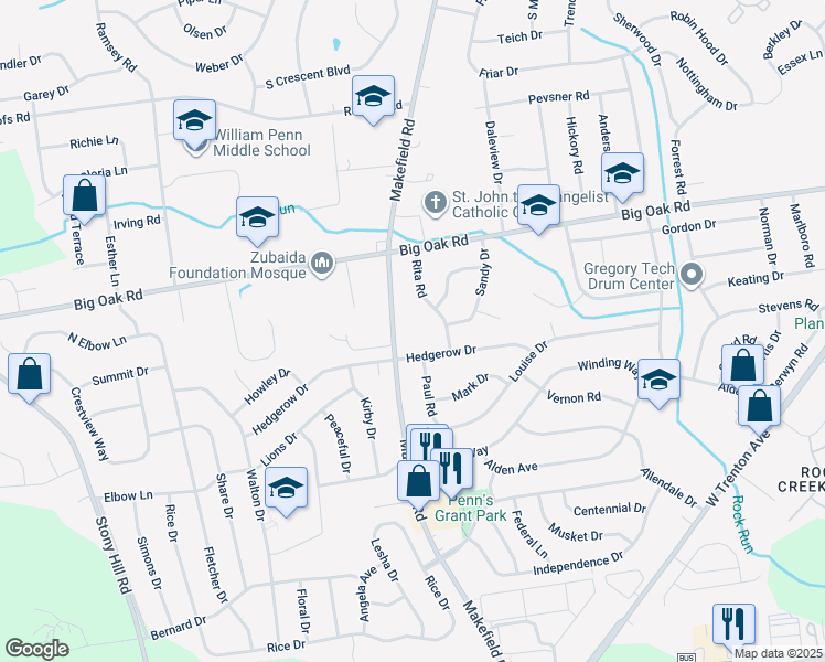 map of restaurants, bars, coffee shops, grocery stores, and more near 1464 Makefield Road in Yardley