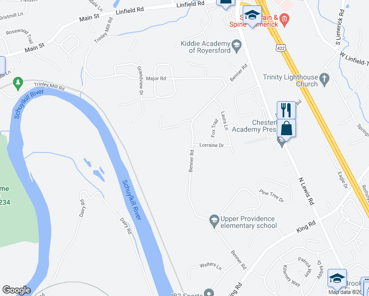 map of restaurants, bars, coffee shops, grocery stores, and more near 125 Benner Road in Royersford