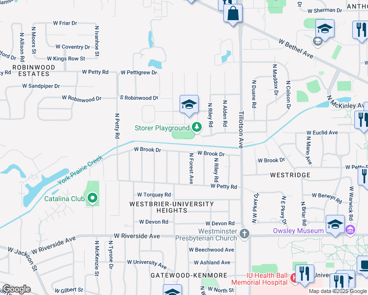 map of restaurants, bars, coffee shops, grocery stores, and more near 3312 West Brook Drive in Muncie