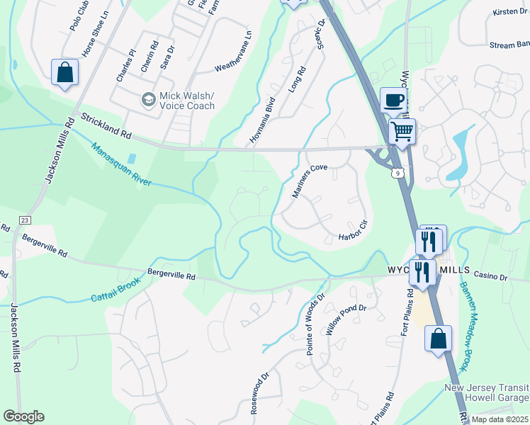 map of restaurants, bars, coffee shops, grocery stores, and more near 70 Mariners Cove in Freehold