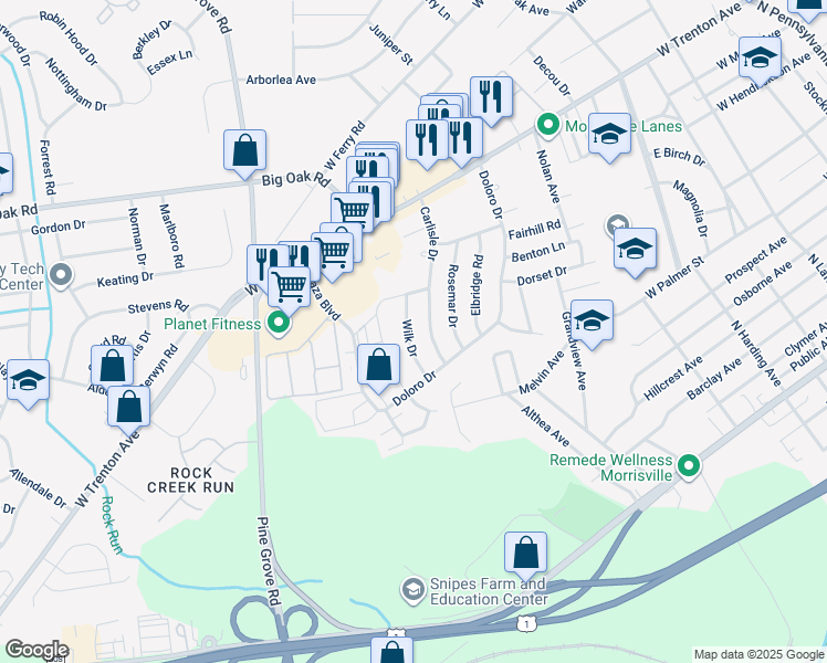 map of restaurants, bars, coffee shops, grocery stores, and more near 574 Wilk Drive in Morrisville