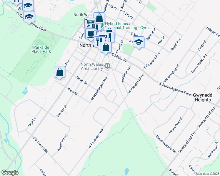 map of restaurants, bars, coffee shops, grocery stores, and more near 344 Windsor Way in North Wales