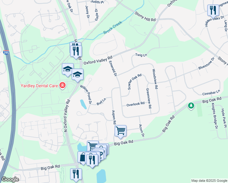 map of restaurants, bars, coffee shops, grocery stores, and more near 288 Aspen Road in Yardley