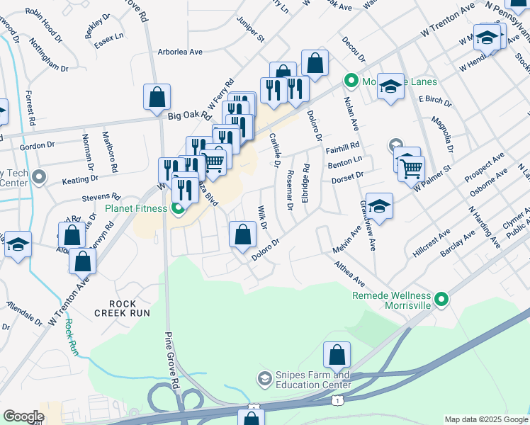 map of restaurants, bars, coffee shops, grocery stores, and more near 574 Wilk Drive in Morrisville