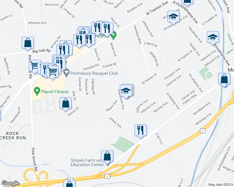 map of restaurants, bars, coffee shops, grocery stores, and more near 105 Grandview Avenue in Morrisville