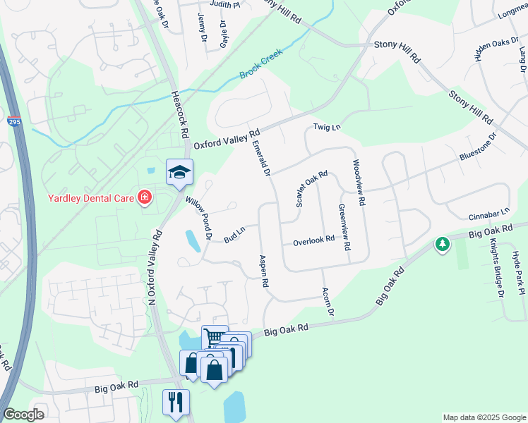 map of restaurants, bars, coffee shops, grocery stores, and more near 288 Aspen Road in Yardley