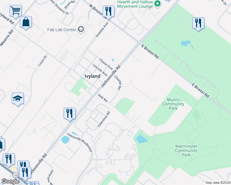 map of restaurants, bars, coffee shops, grocery stores, and more near 1145 Charter Road in Warminster