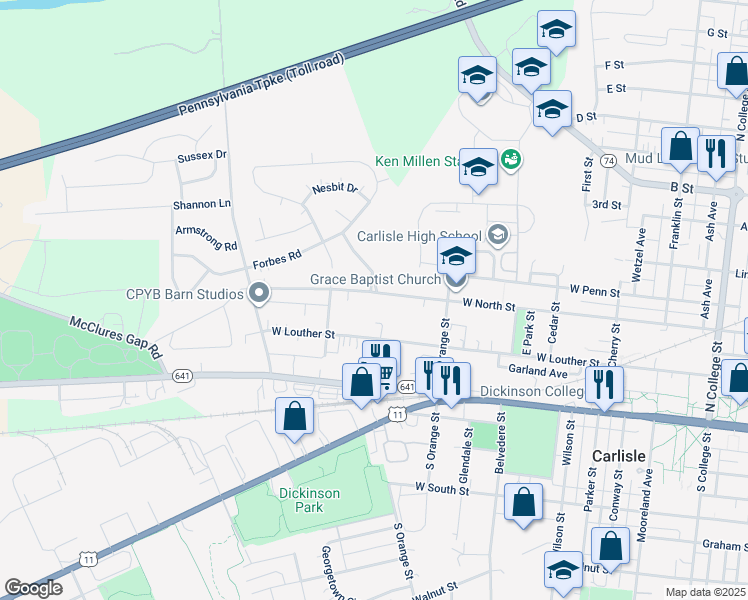 map of restaurants, bars, coffee shops, grocery stores, and more near 852 West North Street in Carlisle