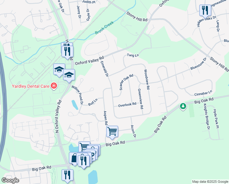 map of restaurants, bars, coffee shops, grocery stores, and more near 288 Emerald Drive in Yardley
