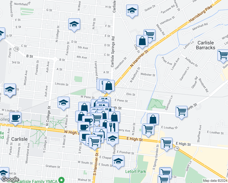 map of restaurants, bars, coffee shops, grocery stores, and more near 12 Kerrs Avenue in Carlisle