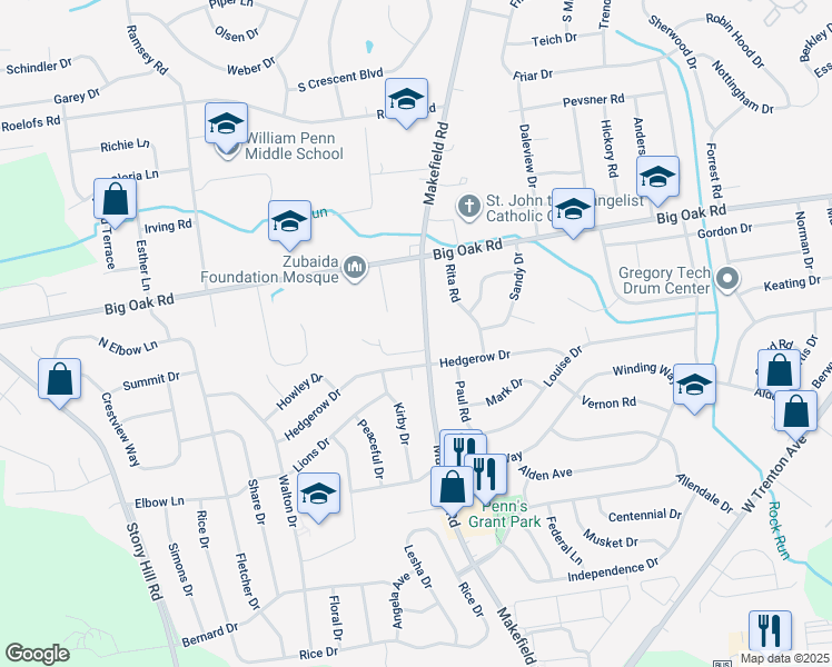 map of restaurants, bars, coffee shops, grocery stores, and more near 1465 Makefield Road in Yardley