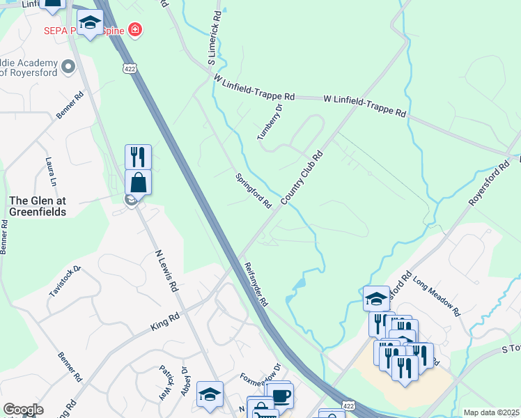 map of restaurants, bars, coffee shops, grocery stores, and more near 90 Springford Road in Royersford