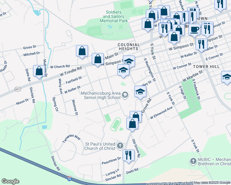 map of restaurants, bars, coffee shops, grocery stores, and more near 179 South George Street in Mechanicsburg